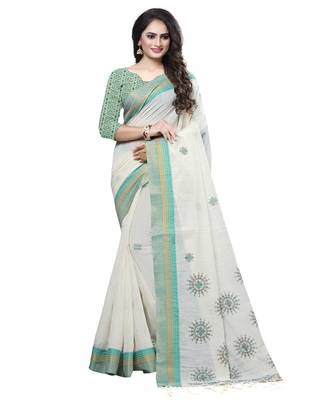 Cream printed cotton saree with blouse 1