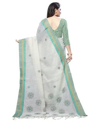 Cream printed cotton saree with blouse 2