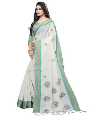 Cream printed cotton saree with blouse 3