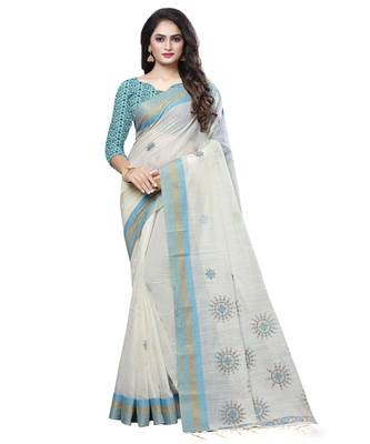 Beige printed cotton saree with blouse 1