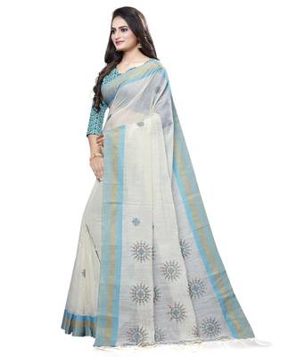Beige printed cotton saree with blouse 3