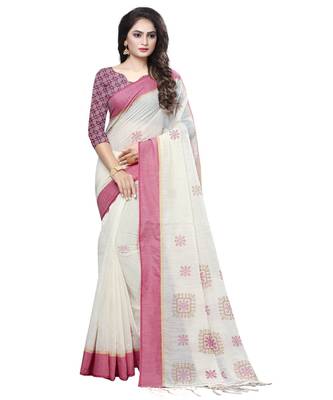 Cream printed cotton saree with blouse 1