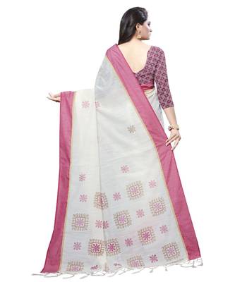 Cream printed cotton saree with blouse 2