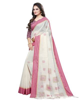 Cream printed cotton saree with blouse 3