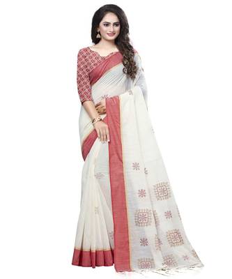 Cream printed cotton saree with blouse 1
