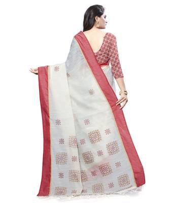 Cream printed cotton saree with blouse 2