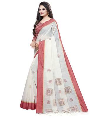 Cream printed cotton saree with blouse 3