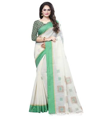 Cream printed cotton saree with blouse 1