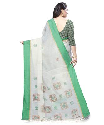 Cream printed cotton saree with blouse 2