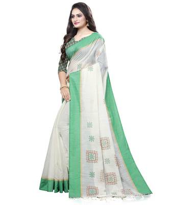 Cream printed cotton saree with blouse 3