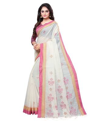Cream printed cotton saree with blouse 1