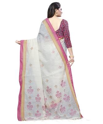 Cream printed cotton saree with blouse 2