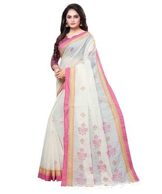 Cream printed cotton saree with blouse 3