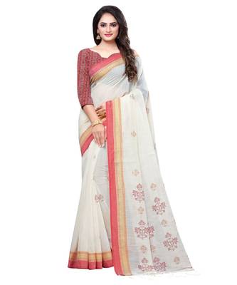 Cream printed cotton saree with blouse 1