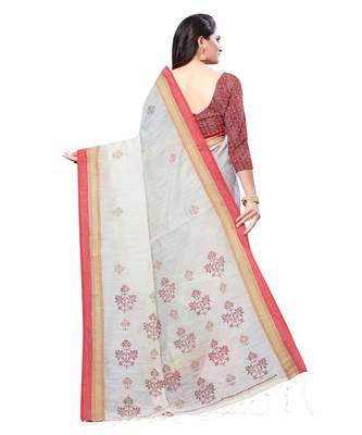 Cream printed cotton saree with blouse 2
