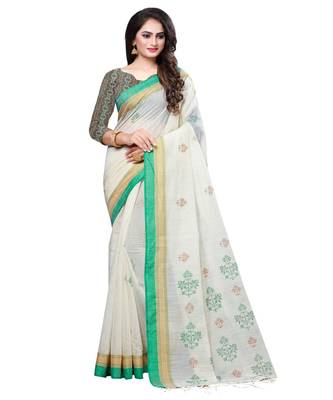 Cream printed cotton saree with blouse 1