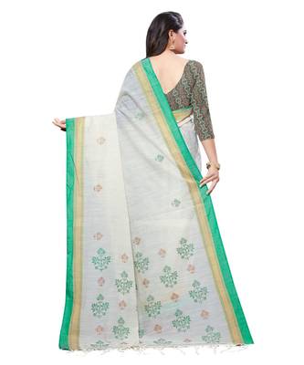Cream printed cotton saree with blouse 2