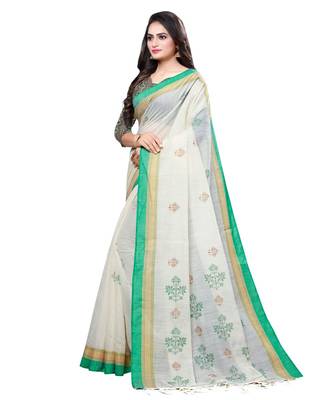 Cream printed cotton saree with blouse 3