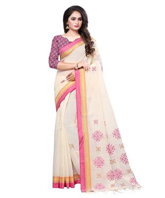 Cream printed cotton saree with blouse 1