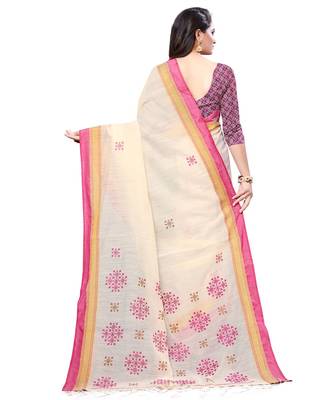 Cream printed cotton saree with blouse 2