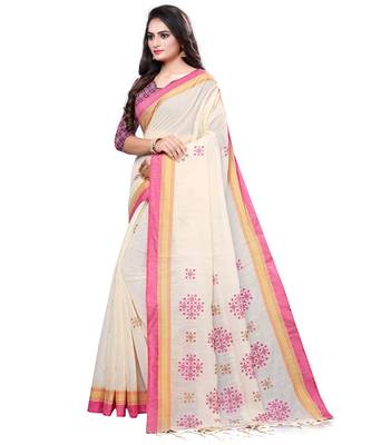 Cream printed cotton saree with blouse 3