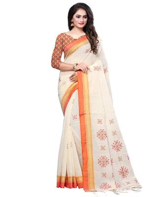 Cream printed cotton saree with blouse 1