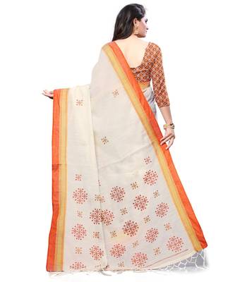 Cream printed cotton saree with blouse 2