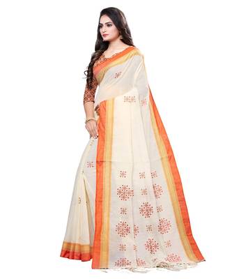 Cream printed cotton saree with blouse 3