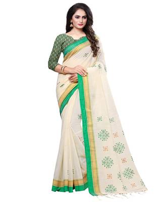 Cream printed cotton saree with blouse 1