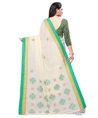 Cream printed cotton saree with blouse 2
