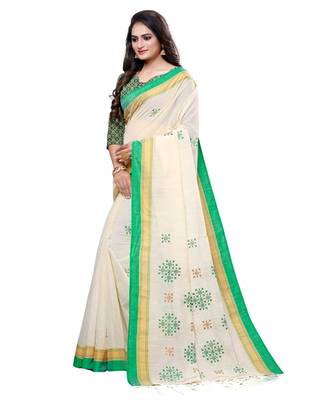 Cream printed cotton saree with blouse 3