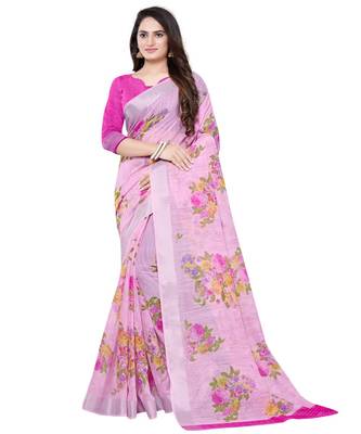 Pink printed linen saree with blouse 1