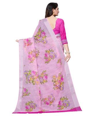 Pink printed linen saree with blouse 2