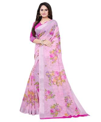 Pink printed linen saree with blouse 3