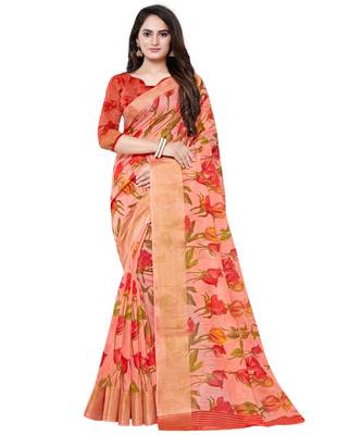 Peach printed linen saree with blouse 1