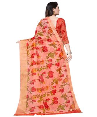 Peach printed linen saree with blouse 2