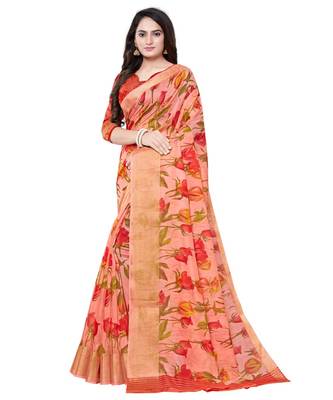 Peach printed linen saree with blouse 3