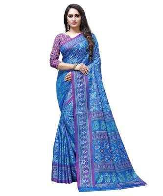 Blue printed Silk blend saree with blouse 1
