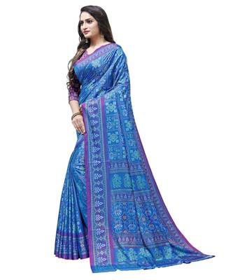 Blue printed Silk blend saree with blouse 3