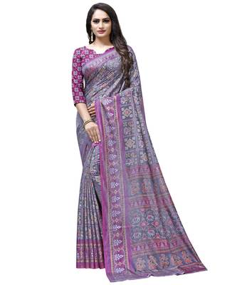 Grey printed Silk blend saree with blouse 1