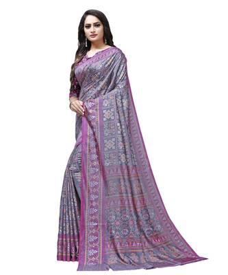 Grey printed Silk blend saree with blouse 3