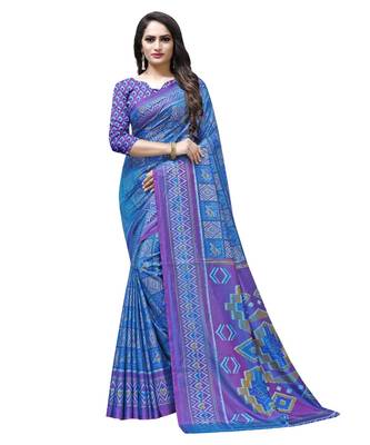 Blue printed Silk blend saree with blouse 1