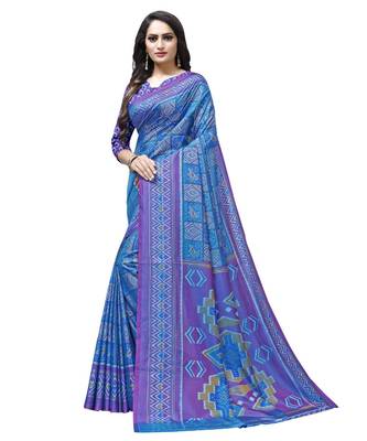 Blue printed Silk blend saree with blouse 3