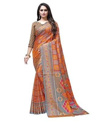 Orange printed Silk blend saree with blouse 1