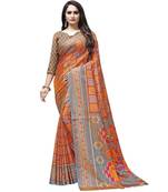 Orange printed Silk blend saree with blouse