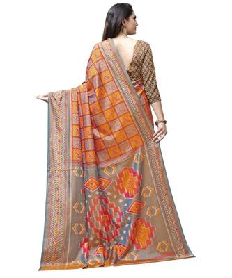 Orange printed Silk blend saree with blouse 2