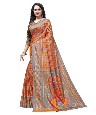 Orange printed Silk blend saree with blouse 3