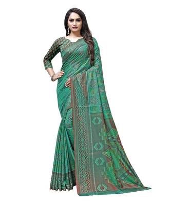 Green printed Silk blend saree with blouse 1