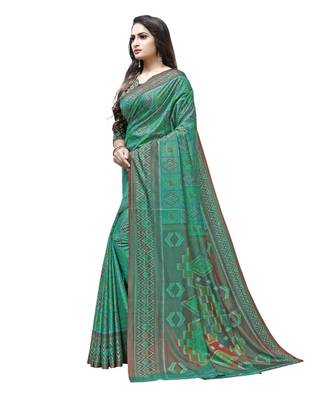 Green printed Silk blend saree with blouse 3