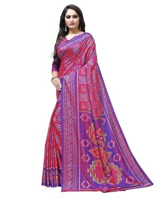Pink printed Silk blend saree with blouse 3